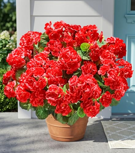 Fake Geraniums Artificial Flowers for Outdoors Outside, 6 Bundles Red Silk Geraniums Fake Flowers Plants Realistic UV Resistant Faux Flowers for Outdoor Planters Garden Balcony Yard Porch Indoor Decor - color: Red
