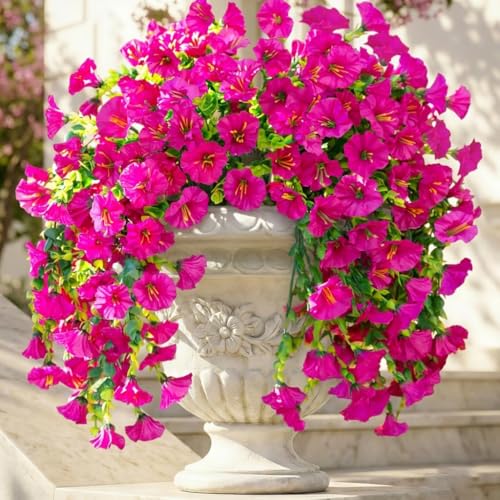 Ivydale 2 PCS Artificial Hanging Flowers Fake Plants Outdoor,Silk Morning Glory Faux Flowers with Eucalyptus Leaves,UV Resistant Realistic Hanging Petunias Plants for Home Garden Decor (Fuchsia) - color: Fuchsia