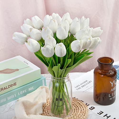 Ouddy Decor 30 Pcs White Tulips Artificial Flowers Real Touch PU Faux Flowers Fake Tulips Stems for Spring Summer Bouquet Floral Room Table Party Wedding Easter Mothers Gifts Home Decorations - color: White