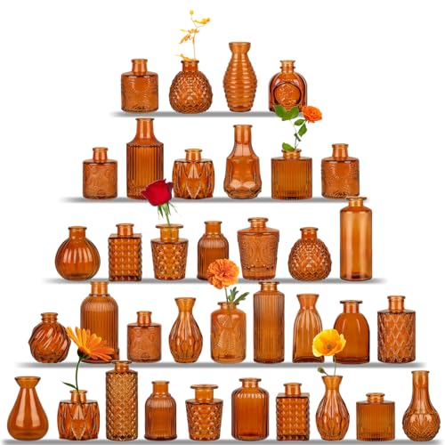 UPBUD Brown Glass Bud Vases Set of 36, Mini Flower Vase for Centerpieces, Small Amber Bud Vases in Bulk for Wedding Decorations, Vintage Vase for Table, Recepetion, Home Décor - color: Amber Brown, size: 36pcs