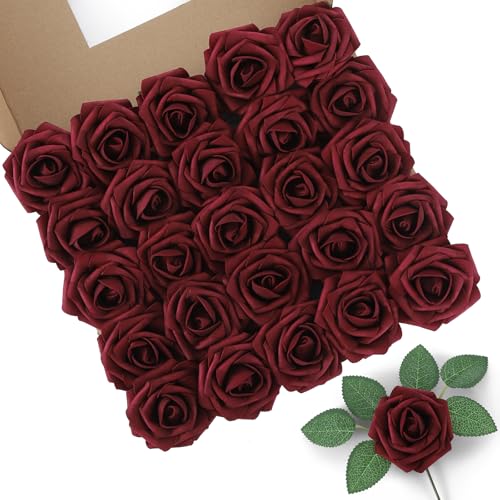 DuHouse 50Pcs Artificial Roses Flowers Fake Roses with Stems Real Touch Foam Flowers for DIY Wedding Bouquet Baby Shower Centerpiece Floral Arrangement Party Home Decor (Burgundy) - color: Burgundy, size: 50pcs