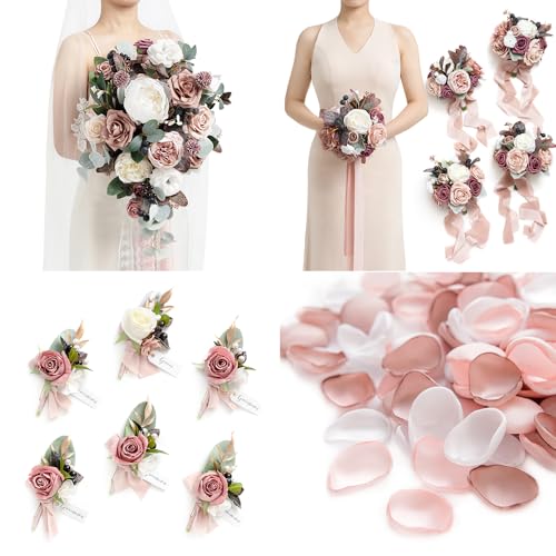 Ling's moment Wedding Artificial Flowers Package, Bridal Bouquet, Bridesmaid Bouquets, Boutonniere for Men, Rose Petals.Dusty Rose Muave - color: Pk-dusty Rose Muave