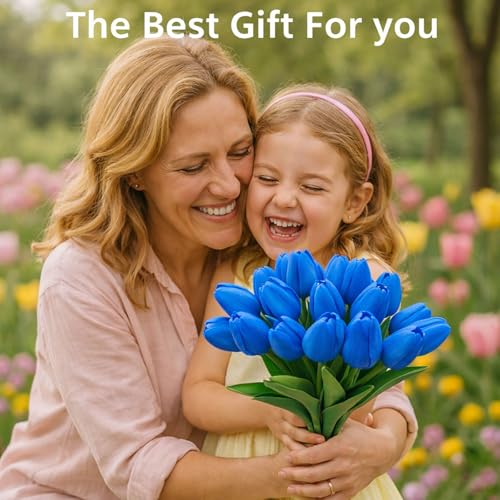 20 Pcs Tulips Artificial Flowers, 13.5'' Real Touch PU Fake Flowers Bouquet for Home Party, Spring Wedding Floral Arrangement, Valentine's, Easter and Mother's Day Decor (Blue) - color: Blue
