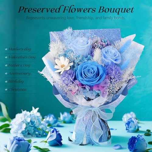 Preserved Flowers Bouquet 3 Roses - Blue Real Rose & Flowers for Delivery, Long-Lasting Flower with Gift Box, Eternal Roses Bouquet for Mothers, Mom, Wife Anniversary Birthday Gifts for Women and Men - color: Blue