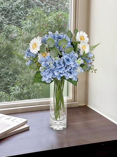 Hydrangea Artificial Flowers, 12PCS Mixed Blue Faux Flowers with Hydrangea & Daisies, Up to 16.1 Inch Long Silk Fake Flowers for Vase DIY Wedding Bouquet Party Centerpieces Arrangement Home Decor - color: Hydrangea, Blue