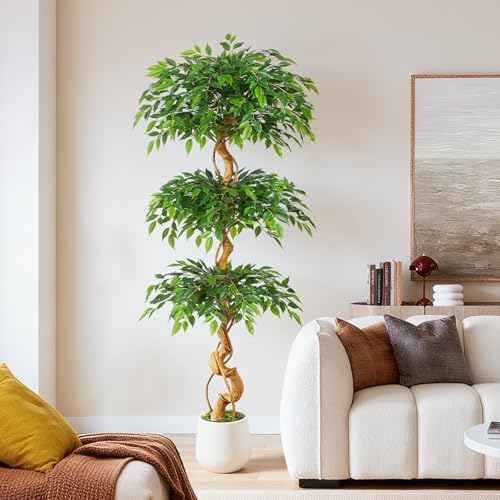 6ft Large Ficus Artificial Trees in White Pot, 72" Tall Fake Silk Tree with Natural Curved Trunk, Lush Faux Ficus Tree for Indoor Home Decor, Living Room, Office & Patio - size: 6ft