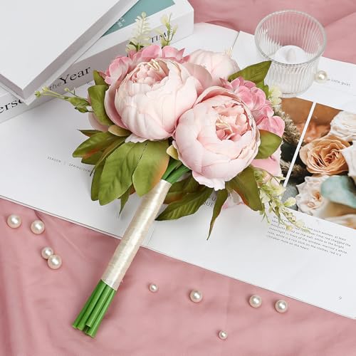 Blush Pink Bridesmaid Bouquet for Wedding, an Artificial Silk Peonies Flowers Bouquet for Marriage Decorations - color: Blush Pink