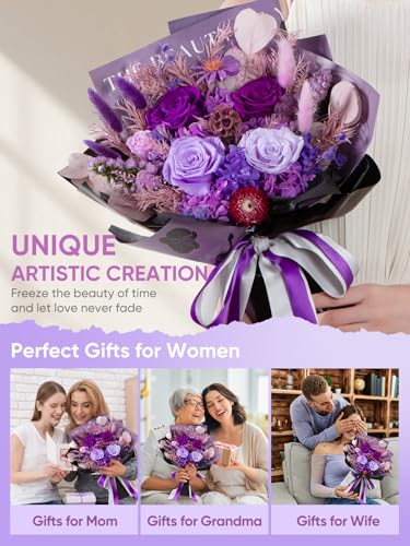 Bessol Flowers for Delivery Preserved Flower Bouquet Forever Fresh Flowers Birthday Gifts for Women Mom Anniversary Red Real Rose Gifts for Grandma Wife Girlfriend Sister Her from Daughter - color: Purple Preserved Flower Bouquet, size: Large