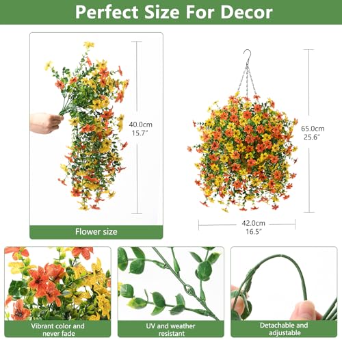 INQCMY Artificial Fake Hanging Flowers Plants Baskets for Outdoor Fall Decoration,Faux Silk Flower in Planter UV Resistant Look Real for Home Outside Porch Garden Yard Patio Decor - color: Orange Yellow