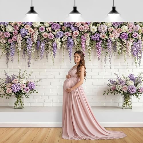 JAWO 6X4ft Floral Brick Wall Backrop Pink Purple Rose Hydrangea Hanging Vine White Brick Wall Photography Backdrop Wedding Bridal Baby Shower Birthday Anniversary Party Decor Photo Booth Prop - color: Purple1, size: 6X4
