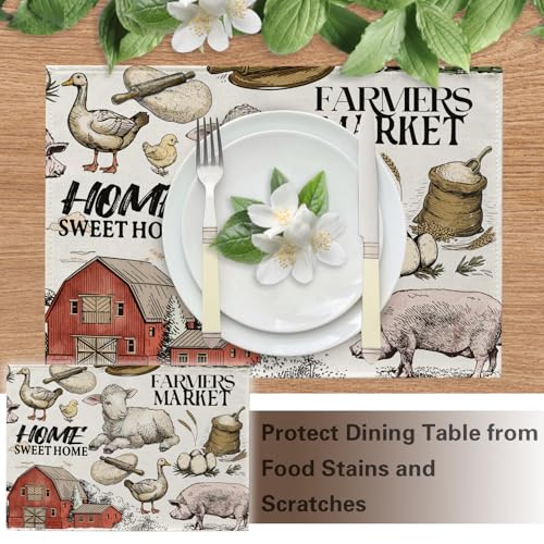 Vintage Farm Animals Placemats Set of 4, Farmhouse Country Barn Lamb Pig Chick Duck Tractor Dining Place Mats Table Decor, Retro Farmer Market Home Sweet Home Kitchen Decoration 12''x18'' - color: Farm, size: Placemats 12''X18''