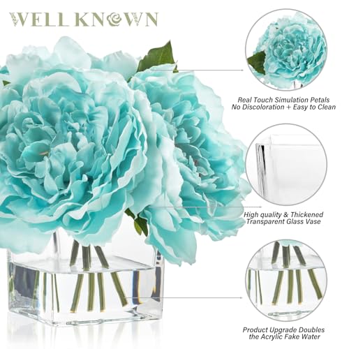 Artificial Peonies Flowers Arrangements in Cube Glass Vase, WELLKNOWN Silk Flower Centerpieces for Dining Room Table, Coffee Table Decor, Faux Peony Flowers with Faux Water(Light Teal Blue) - color: Light Teal Blue