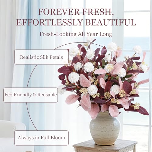 Dallisten Fake Flowers for Vase, 15 pcs Faux Silk Pompom Mum Artificial Flowers with Eucalyptus Stems, Mini Floral Long Stem Arrangements for Home Decor, Wedding, Table Centerpieces DIY Floral Designs - color: Burgundy+light Pink+white