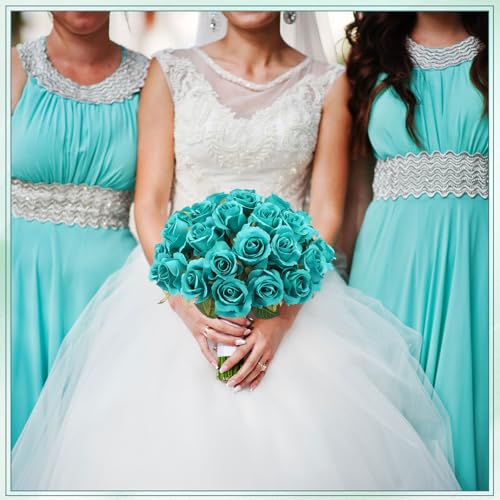 Hoteam 72 Heads Teal Artificial Flowers Turquoise Rose 6 Bouquet Wedding Decoration Faux Flower Arrangement Bouquet with Stem Bridal Shower Gift Floral Centerpiece for Tables - color: Lake Blue