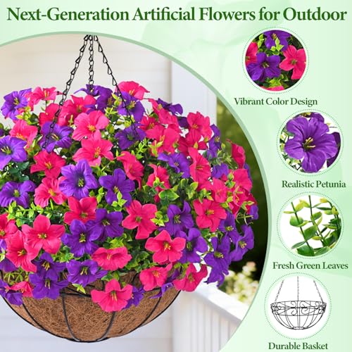 Realistic Artificial Hanging Flowers for Outdoors with Basket, 1 Set Large Size UV Resistant Artificial Outdoor Flowers, Full Faux Outdoor Flowers Fake Hanging Flowers for Porch, Front Door, Garden - color: Purple Red+purple, size: 1 Set