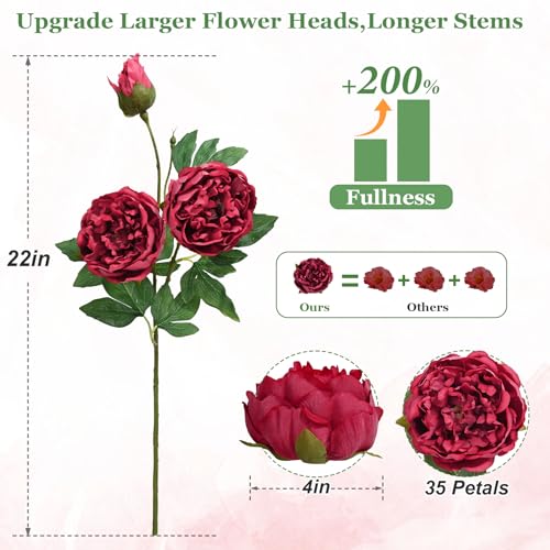 MARTINE MALL 3PCS Real Touch Peonies Artificial Flowers, 22in Burgundy Fake Peonies Artificial Peonies Flowers Latex Large Faux Peony Flowers for Centerpiece Table Wedding Party Home Decor - color: Burgundy, size: 3PCS