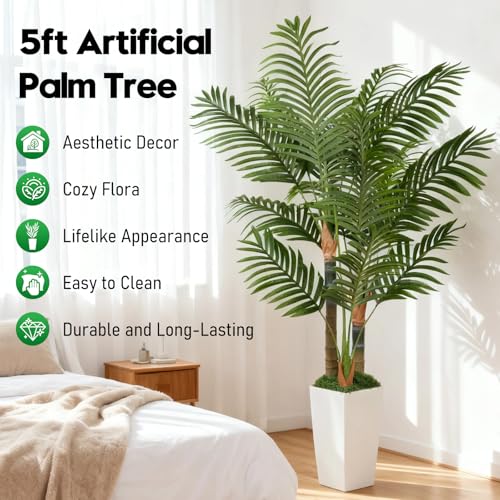 5ft Artificial Palm Tree Indoor Plant，Triple Faux Tropical Areca Floor Plant in Pot，Artificial Plants with Lifelike Leaves for Home Office Decor - color: White, size: 5ft