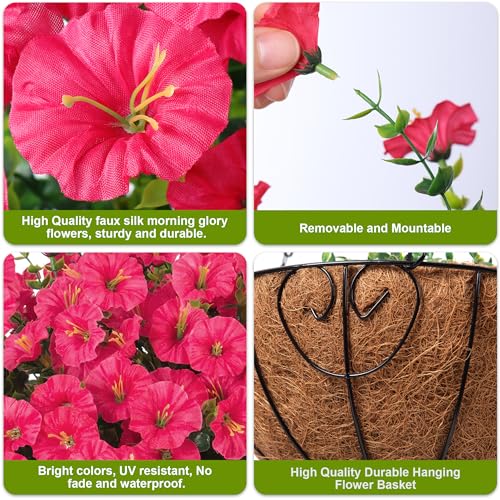 Artificial Fake Hanging Flowers Plants Baskets for Outdoors Spring Summer Decor, Faux Silk Morning Glory in Planter UV Resistant Realistic for Outside Porch Patio Balcony Garden Yard Home, Hotpink - color: Hotpink