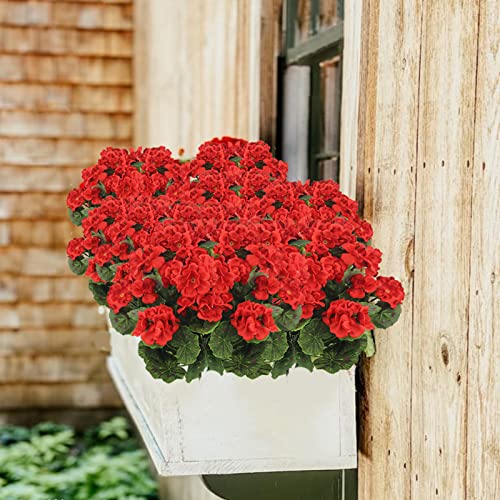 CISDUEO 2 Pcs Artificial Geranium Flowers for Outdoors Silk Flowers Outside UV Resistant Red Fake Geraniums Bush Faux Flowers for Planter Outdoor Decor Indoor Garden Patio Table Centerpiece - color: Red