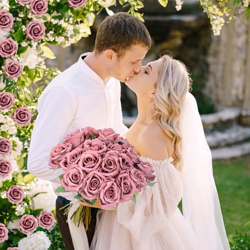 Thiccywoov 30 Pcs Rose Artificial Flowers in Bulk Lifelike Long Stem Silk Roses Bouquets Realistic Faux Flowers for Wedding Bridal Shower Home Decor Floral Arrangements Table Centerpiece(Dusty) - color: Dusty