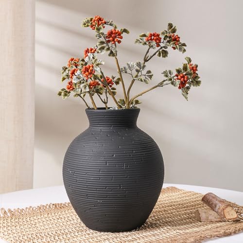 Ceramic Flower Vase Home Decor, 7.4 in Farmhouse Table Vases Retro Vintage Living Room Kitchen Bedroom Decoration Pottery Decorative Vases for Flowers House Shelf Office Desk Dining Entryway, Black - color: 7.4 in - Black