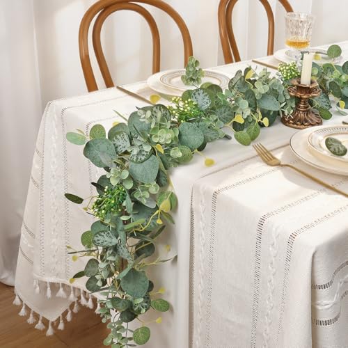 2PCS Eucalyptus Garland,5.9FT Artificial Greenery Garland with Berries,Green Spring Garland Decorations,Fake Silver Dollar Eucalyptus Leaves Wreath Garland for Table Home Mantle Wedding Decor - size: 2PCS