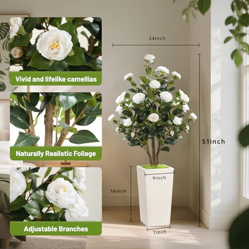 Romantic season 4FT Artificial Camellia Tree with White Tall Planter, Faux Camellia Plant Flower Tree for Modern Home Office Living Room Floor Décor Outdoor Indoor,White - color: White