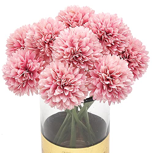 10Pcs Artificial Fake Flower Plants Silk Chrysanthemum Ball Hydrangea Arrangements Wedding Bouquets Decor Home Kitchen Garden Party Table Floral Centerpieces DIY(Dark Pink) - color: Dark Pink