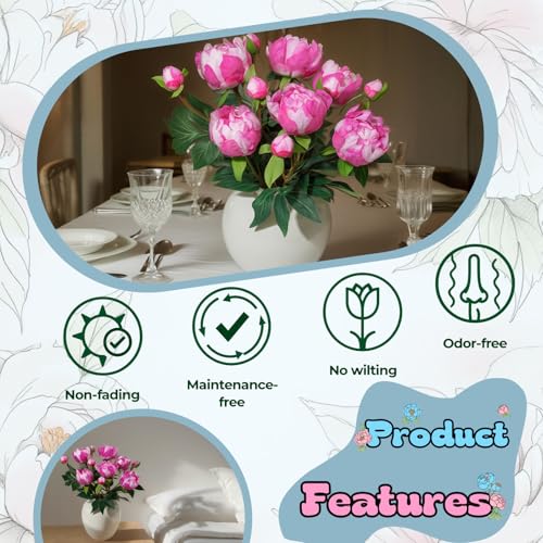 ucky 6PCS Fuchsi Peonies Artificial Flowers, Realistic 2 Heads Silk Peonies with Stems & Buds, 17.51" Faux Peony Bouquets for Wedding Centerpieces DIY Home Table Vase Decor - color: Fuchsi