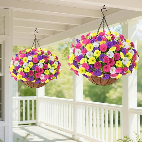 Elyum 2 Pack Artificial Hanging Flowers for Outdoors, Fake Flowers Artificial Petunias Hanging Baskets for Outdoors, UV Resistant Fake Hanging Plants Flowers for Outside Garden Patio Porch Decor - color: Mixed Colors 2, size: 2 Pack