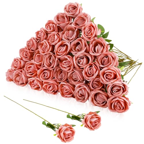 36 Pcs Velvet Silk Dusty Pink Rose Bouquet Bridal Artificial Flowers,Fake Rose Long Stem Realistic Flowers Bulk for Wedding Bouquet Ball Arrangement Centerpiece Party Decor - color: Dusty Pink