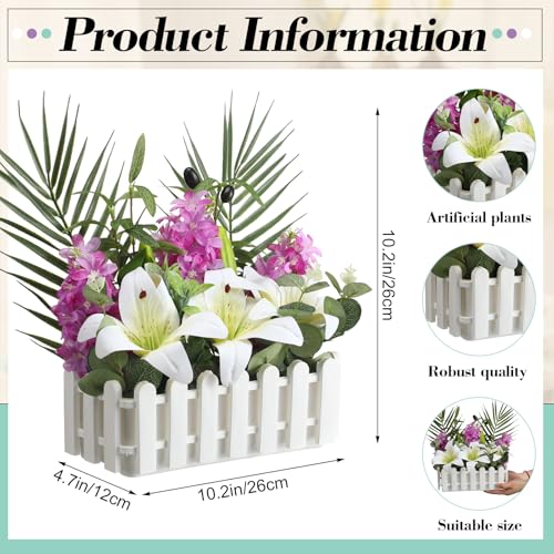 Floral Centerpieces for Tables Spring Flower Table Centerpieces for Dining Room in Picket Fence Pot Artificial Lily and Hyacinth Arrangement with Palm Leaves Eucalyptus for Home Wedding Kitchen Table