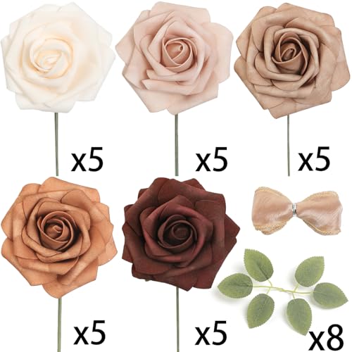 Rose Artificial Flowers 25pcs Shades of Earth Tones Ombre Colors Foam Fake Roses with Stems for DIY Wedding Bouquets Bridal Shower Centerpieces Party Tables Home Decorations - color: Shades of Earth Tones