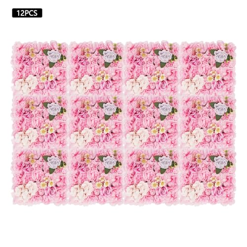 12Pcs Artificial Flower Wall Panel 3D Floral Backdrop Walls 15" X 15" Flower Wall Decor Flower Backdrop Faux Rose Panel for Party Home Background-Champagne, Purple - color: Pink