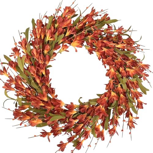 22inch Artificial Forsythia Flower Wreath Spring Summer Fall Wreath Silk Leaves Decoration for Front Door Porch Farmhouse Patio Garden Home Decor (Orange) - color: Orange