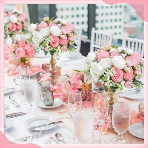 Crowye 4 Bundles Peonies Artificial Flowers Silk Faux Peonies Wedding Artificial Flower Bouquet for Table Centerpiece for Home Wedding Decor Bridal Floral Arrangement(White, Light Pink) - color: White, Light Pink