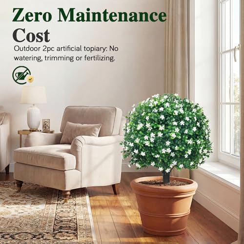 PATIO CHOICE Topiary Trees Artificial Outdoor Boxwood Ball Trees with Ground Spike Set of 2 22" Fake Outdoor Plants Faux Bushes and Shrubs Decorations for Outdoor Indoor Front Porch Garden - color: White, size: 22in