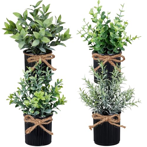 Yoratee 4 Potted Artificial Plants Metal Fake Potted Plant with Iron Pot Mini Greenery Decor Small Faux Plants for Indoor Farmhouse Home Porch Garden Bathroom Room Décor Black - color: Black
