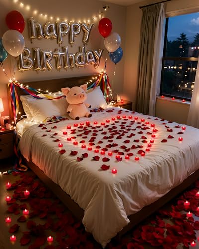 Amagic 2000 Pieces Red Artificial Rose Petals with 24 Red Heart LED Tea Lights, Rose Petals and Candles Set for Proposal, Anniversary, Romantic Night, Wedding Decor - color: 24 Pcs Red Candles + 2000 Pcs Red-Black Petals