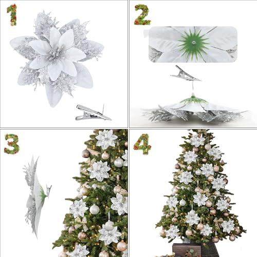 SITUMEIZI 24 Pcs Sliver Christmas Ornament Glitter Poinsettia Artificial Flowers 5.5" with Clips Fake Christmas Ornaments Xmas Tree Wreath New Year Decorations - color: Silver