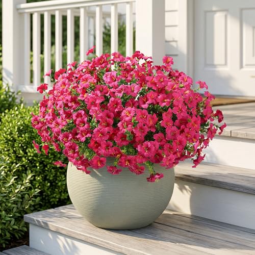 Artificial Flowers for Outdoors Decoration, 20 Bundles Fuchsia Faux Morning Glory with Eucalyptus Look Real UV Resistant Fake Plants Silk Flowers for Outside Yard Gardens Porch Patio Planter Home Urn - color: Fuchsia