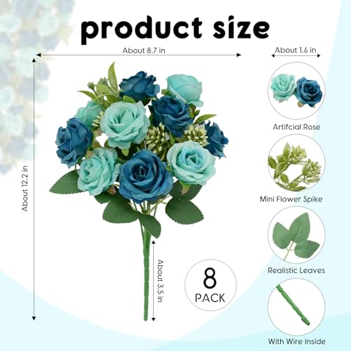 8 Pack Rose Artificial Flowers Bouquet, 10 Small Silk Rose Heads Per Pack, Fake Roses Bunches for Wedding Table Centerpieces Bridal Bouquet Mother's Day Valentine's Day Home Decor, Blue - color: Blue