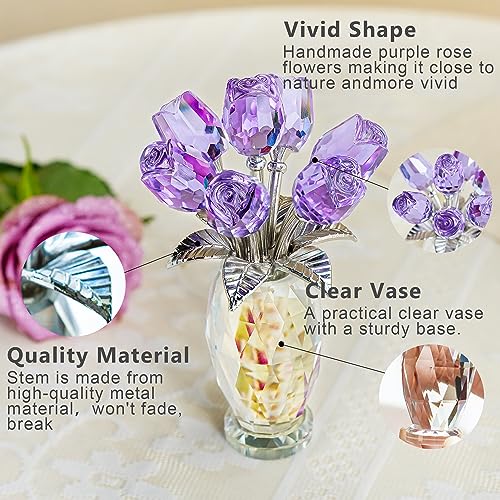 H&D HYALINE & DORA Crystal Rose Purple Flower Figurine,Rose Gifts for Mom Wife Grandma,Glass Flower Collectible Ornament Mother's Day Thanksgiving Anniversary Birthday Gifts - color: Purple