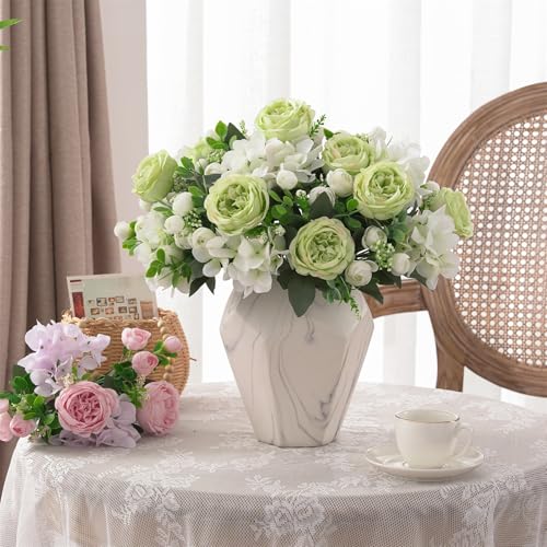 4 Bunches Peonies Artificial Flowers, Silk Peonies Flowers Fake Bouquet Faux Floral Arrangements for Centerpiece Table Wedding Party Home Decor (4, Green White) - color: Green White
