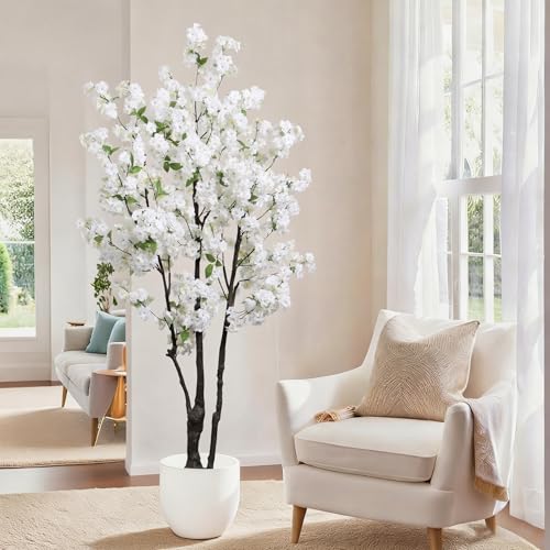 Artificial White Cherry Blossom Tree 6ft(72in) Faux Floor Green Plant for Indoor Decor Natural Potted Tree Realistic Cherry Flowers Wood Trunk for Home Living Room,Office Perfect Housewarming Gift - color: Cherry Blossom(white 10), size: 6ft