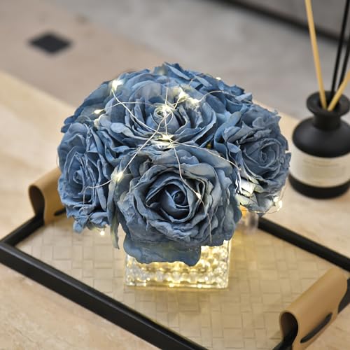Artificial Rose in Glass Vase Vintage Silk Flower Arrangement with LED Light for Table Centerpiece Home Wedding Decoration (Dusty Blue) - color: Dusty Blue