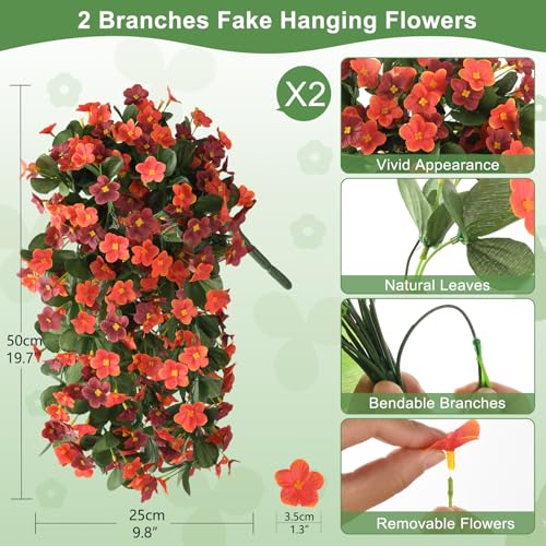Artificial Fake Hanging Flowers for Outdoors, 2 Pcs Artificial Hanging Plants Outdoors Spring Summer Decor, UV Resistant Faux Violet Silk Flowers for Planters Front Door Yard Garden(Orange Brown) - color: Orange Brown