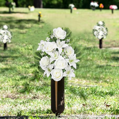 Briful 2 Set Artificial Cemetery Flowers for Grave, Silk Sympathy Grave Flowers Bouquet Fake Roses Lily Floral Arrangement for Outdoor Funeral Graveyard Headstones Vase Memorial Decor(White) - color: White