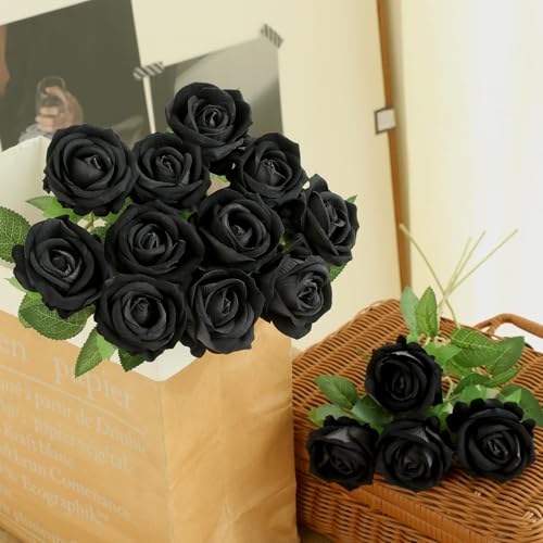 12Pcs Black Roses Artificial Flowers Fake Roses Faux Velvet Silk Flower for Home Wedding Decoration (Pearl Rose, Black) - color: Pearl Roses - Black 12p