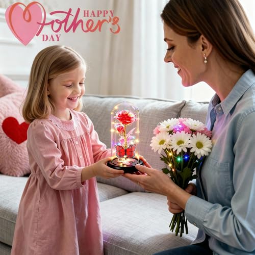 Gifts for Mom Birthday Gifts for Women Red Rose Eternal Flower Light Up Rose in Glass Dome with Butterfly, Galaxy Crystal Flowers Gifts for Grandma Wife Daughter Her Delivery Prime - color: Rose Red